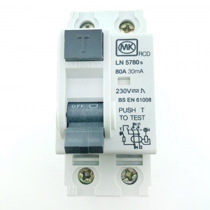 MK Electric LN5780s 80A 80 Amp 30mA RCD 2 Double Pole Circuit Breaker Type AC